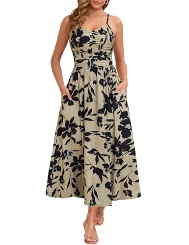 Annebouti Spring Summer Maxi Dress for Women 2025 Casual Trendy Open Back Ruched A-Line Sleeveless Spaghetti Strap Floral Beach Long Sundresses with Pockets Black Taupe S