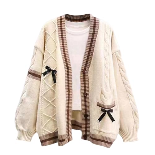 FindThy Women’s Kawaii JK School Uniform Cardigans Long Sleeve Button Up Cardigan with Pinned Bowknot(1786-Khaki-OneSize-LB)