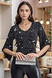 PEIQI Rhinestone Tops for Women Party 3/4 Sleeve V Neck Sparkly Tops Dressy Glitter Top Blouses for Evening Party Balck Large Black