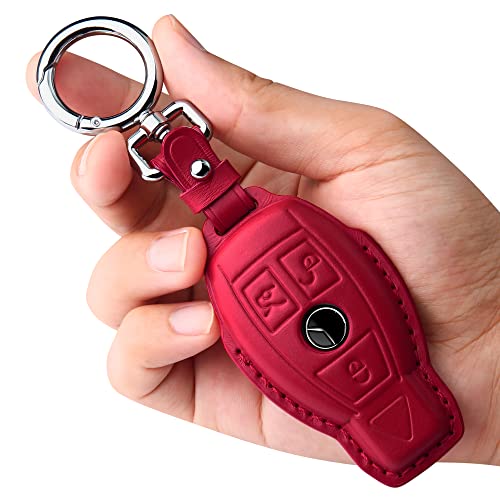 Tukellen for Mercedes Benz Key fob Cover Genuine Leather with Keychain,Leather Key case Protector Compatible C E M S CLS CLK GLK GLC G AMG Series Smart Remote Key,Red