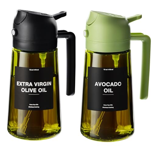 CXINYI - 16oz/470ml Olive Oil Dispenser for Kitchen with Stickers - 2 in 1 Olive Oil Sprayer for Cooking, Air Fryer, and Salad, Black&Green (Light-Proof Kitchen Gadget)