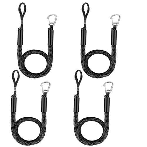 Boat Bungee Dock Lines, Mooring Rope with Stainless Steel Clip,Boat Ropes for Docking, Boat Accessories, Suit for PWC, Kayak, Jet Ski, Seadoo, WaveRunner, Pontoon, Bass Boat, 4ft (Black)