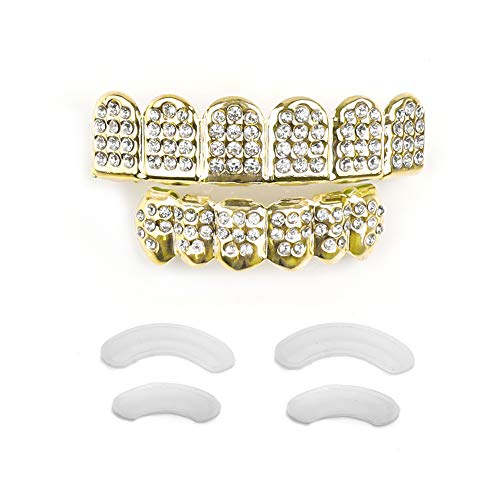 Gold Grillz Teeth Set Best Gift for Son-New Custom Fit 14k Plated Gold Diamonds Grillz - Excellent Cut for All Types of Teeth–6pcs Top and Bottom Grill Set - Hip Hop Bling Grillz