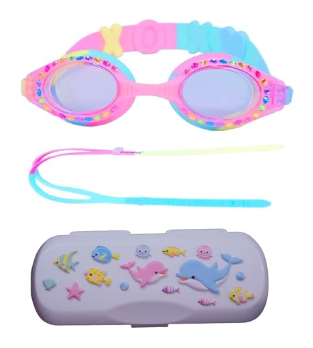 YUENREE Girls Swim Goggles - Bling Swimming Goggles for Girls Ages 4-12 - No Leak, Anti-Fog, UV Protection, Easy to Adjust and Non Slip - with Hard Travel Case- Rainbow