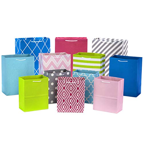 Hallmark Pastel Gift Bags in Assorted Sizes (Pack of 12-5 Medium 8", 4 Large 11", 3 Extra Large 14") for Baby Showers, Bridal Showers, Birthdays, Easter