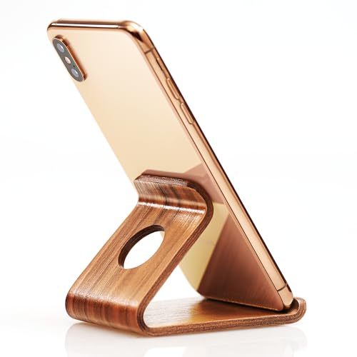 ZJL Cell Phone Stand for Desk - Portable Wood Phone Holder for Bed Compatible with iPhone 16 15 14 13 Pro Max 12 11 iPad Mini, Smartphone, Wooden Office Aesthetic Desk Accessories