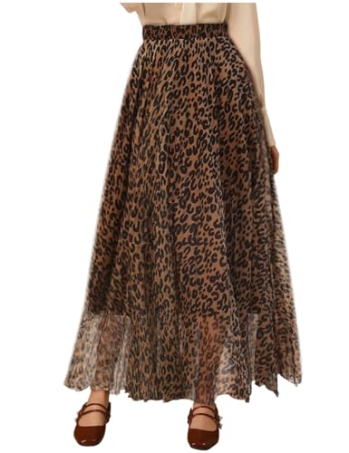 L'VOW Women's Leopard Print Skirt High Waisted A-Line Maxi Skirts Elastic Long Shirring Pleated Cheetah Skirts(Ab-Brown,M)