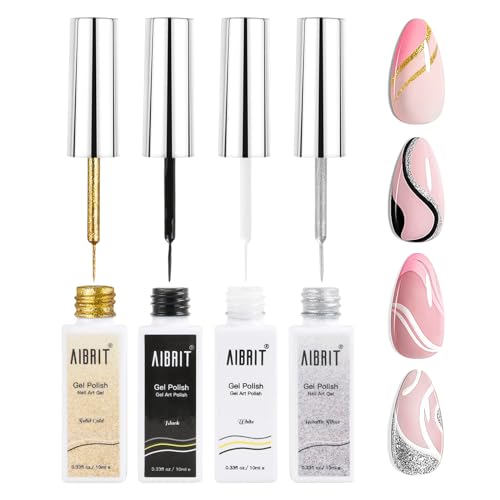 Gel Liner Art Polish Set 10ml, 4 Colors Black White Gold Silver Design Paint with Thin Brush in Bottle for Swirl/ Euphoria French Tips Manicure Painting DIY at Home