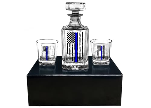 Rogue River Tactical Blue Line Tattered Flag Police Officer Whiskey Decanter Gift Set With 2 Glasses Custom Gift For Men Dad Father's Day PD Police Officer