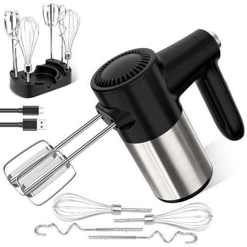 Cordless Hand Mixer, Digital Display 7 Speed Rechargeable Electric Mixer Handheld with 6 Stainless Steel Attachments Whisks Beaters Dough Hooks & Storage Base, Kitchen Blender for Baking, Eggs, Cakes