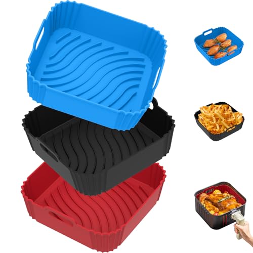 Redfly 3 Air Fryer Silicone Liners, Square Air Fryer Liners, Silicone Air Fryer Liners Reusable for 4-5.5 QT, Airfryer Liners Silicone, Air Fryer Accessories Red&Blue&Black, Top 7.9 In, Bottom 7 In