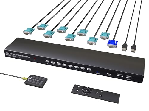 VGA KVM Switch 8 Ports - KVM Switch with Remote,USB Switcher 8 Computers Share 1 Monitor 4 USB 2.0 Hubs,Keyboard Mouse Printer,8 KVM VGA Cables 1 Desktop Controller 1 IR Remote