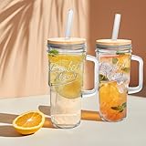 ANOTION Glass Cups with Lids and Straws - 24oz Tumbler with Handle Coffee Cups Glass Straws Glasses Mason Jar Cups Drinking Set Kitchen Essentials Coffee Bar Accessories House Warming Gifts New Home