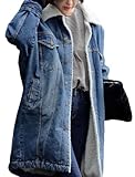 loveimgs Women Long Sherpa Fleece Lined Jeans Jacket Denim Trench Coat Thicken Button Down Patchwork Trucker Coat Overcoat (Small, Blue)