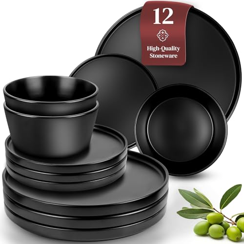 Ceramic Dinnerware Set - Scratch Resistant, Dishwasher & Microwave Safe Stoneware - 12 Piece Plates and Bowls for 4 - Matte Black