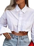 Remidoo Women's Asymmetrical Hem Long Sleeve Button Up Shirt Crop Top Blouse White XX-Large