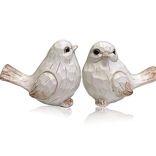 Farmhouse Bird Decor Resin Figurines - Set of 2, Vintage & Modern Statue for Home Accents, Cottage Ornaments Decoration, New White Carved Rustic Figurine