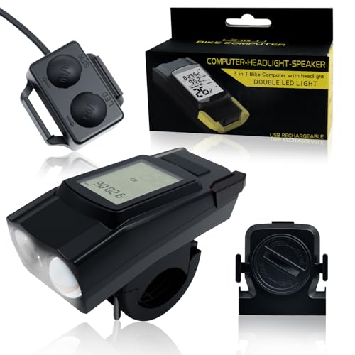 Bike Lights, Bicycle Light with Bike Computer Set,USB Rechargeable IPX4 Waterproof, Front LED Lights with Smart Battery Display & Horn Sounds, Integrated Speedometer & Odometer (Black)