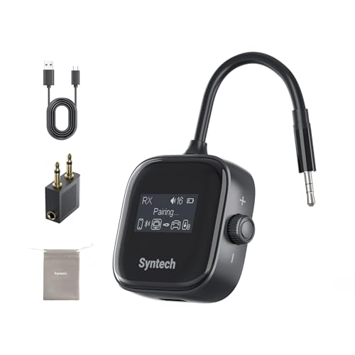 Syntech Airplane Bluetooth 5.4 Transmitter Receiver for 2 AirPods or Wireless Headphones, HD Display Low Latency 3.5mm AUX Jack Bluetooth Audio Adapter for Flying, TV, Car, Gym, Home Stereo