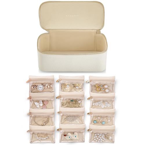 Vlando Graduation Gifts for Her,Jewelry Box with 12 Velvet Jewelry Pouch Jewelry Travel Organizer for Women Girl Jewelry Case Necklace Rings Earrings Bags Teacher Gifts Wedding Gifts (White)