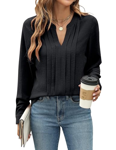 Blooming Jelly Women's Dressy Casual Blouses Business Work Tops Trendy Black Long Sleeve V Neck Pleated T Shirts 2025 Fall Outfits (Black,X-Large)