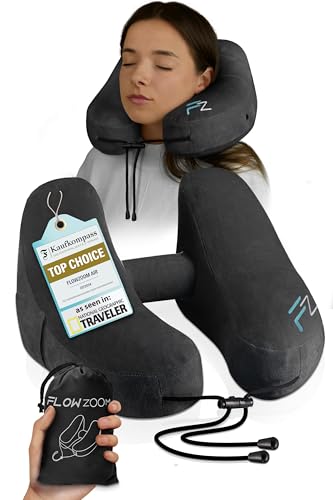 FLOWZOOM Air Inflatable Neck Pillow for Traveling on Plane - H-Shape Hooded Airplane Pillow with 5 Snooze Modes, Fast Inflation, Pressure Control, Cozy Clip-On Hood & Plushy Cover - Size L, Jet Black
