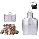 SILVERANT Camping Canteen Titanium Military Canteen Mess Kit Ultralight Camping Mug with Carry Pouch & Cup Foldable Handle -Bottle 1000ml, Cup 600ml (Original Canteen)