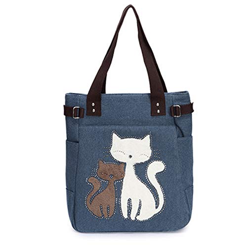 Canvas Tote Handbag for Women Cute Cat Embroidery Shoulder Purse Large Zipper Travel Work Shopping Grocery Bags