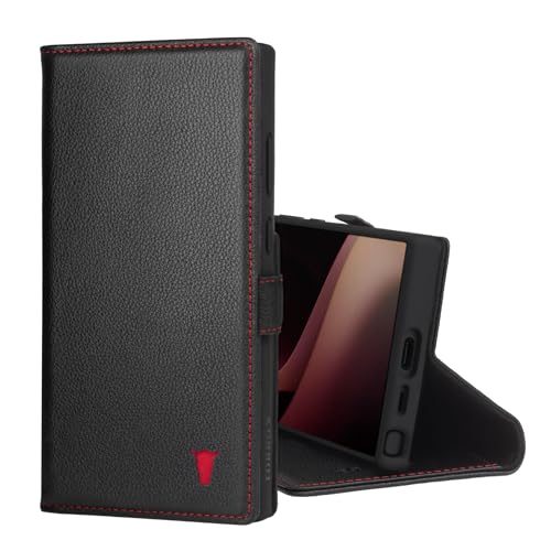 TORRO Case Compatible with Samsung Galaxy S24 Ultra 5G – Premium Leather Wallet Case with Kickstand and Card Slots (Black with Red Detail)