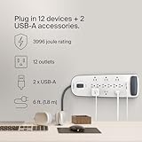 Belkin USB Power Strip Surge Protector - 12 AC Multiple Outlets & 2 USB Ports - 6 ft Long Flat Plug Extension Cord for Home, Office, Travel, Computer Desktop & Charging Brick - White (3,996 Joules)