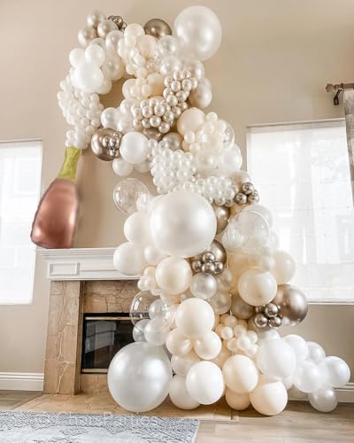 Champagne Bottle Balloon Garland Arch Kit 165pcs Pearl White Sand Champagne Gold Clear Balloons for Birthday Wedding Baby Shower Bachelorette Anniversary Party Decorations