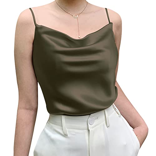 Miqieer Basic Women's Silk Tank Top Ladies Cowl Neck Camisole Silky Loose Sleeveless Blouse Satin Tank Shirt(Cowl Neck-ArmyGreen,M)