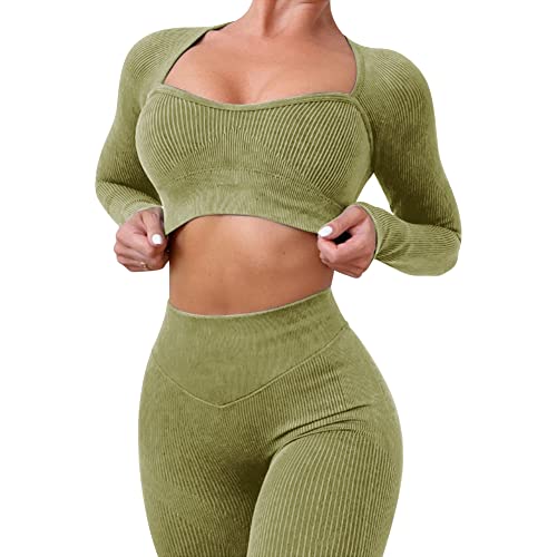 ABOCIW Long Sleeve Workout Sets for Women 2 Piece Seamless Gym Yoga Outfits Sweetheart Neck Crop Top and Tummy Control Butt Lifting High Waist Legging Sets Sportwear #1 Green Medium