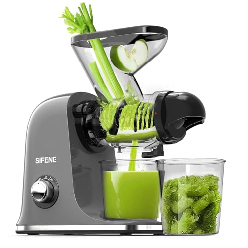 SiFENE Cold Press Juicer Machine, Compact Single Serve Slow Masticating Juicer, Vegetable and Fruit Juice Extractor Maker Squeezer, Easy to Clean, Non-BPA, Grey