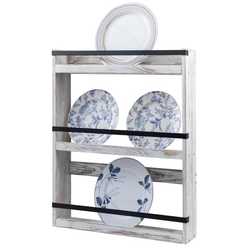 MyGift Wall Plate Display Rack, 3 Tier Farmhouse Whitewashed Wood Wall Mounted Plate Storage Rack, Holds 6-10inch Plates
