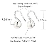 925 Sterling Silver Hoop Handpicked AAA+ Quality 7.5-8mm White Freshwater Cultured Pearl Dangle Drop Earrings Jewelry for Women