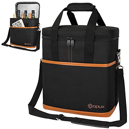 opux 6 Bottle Carrier Tote | Insulated Padded Wine Cooler Bag for Travel. Picnic, BYOB | Portable Leakproof Wine Tote Bag for Dinner, Party, Christmas, Wine Gift for Women, Men (Brown)