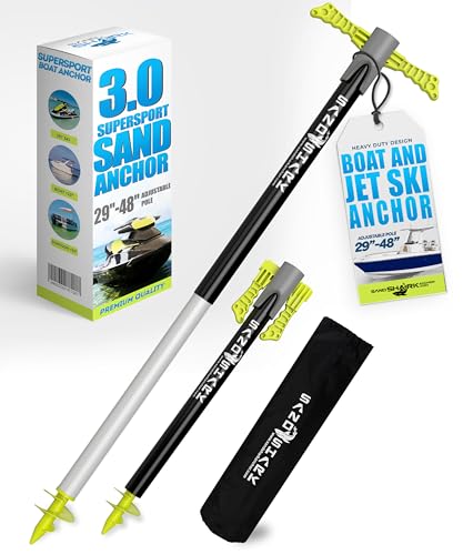SandShark Patent Pending Supersport 3.0 Boat Anchor - Shallow Water Anchor Pole - Great Jet Ski Anchor, PWC Anchor, Pontoon Boat Accessories for Beach and Sandbar - Adjusts 29"-48" w/Case
