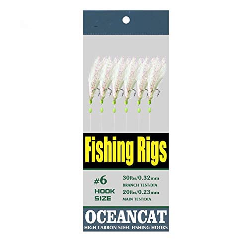 10/20/50/100 Packs 3 Feather & Fish Skin 6 Hooks Saltwater Fishing Rigs with String Hook Lure Bait Tackle Jig (2/0#, 100 Packs)