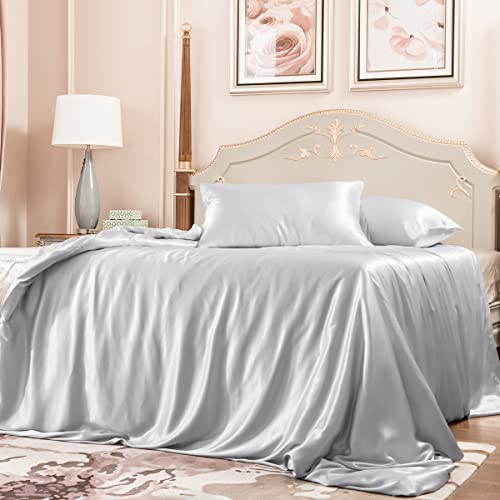 PROMEED 100% Mulberry Silk Duvet Cover Set 22 Momme, Grade 6A+ Luxury Silk Bedding Set with Duvet Cover and Pillowcases with Zipper (Light Grey, Twin)