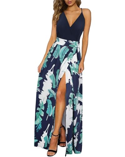 Newshows Womens' Summer Dresses 2025 V Neck Spaghetti Strap Sleeveless Casual Split Beach Hawaiian Long Flowy Maxi Wedding Guest Trendy(Blue Floral Leaf, M)