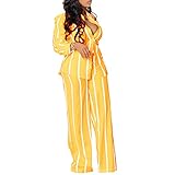 Elainone 2 Piece Outfits for Women Pants Sets Sexy Yellow Stripe Long Sleeve Button Down Shirt Wide Leg Long Pants with Pockets Brunch Matching Sets Sexy 2 Pc Sets Dressy Fall Winter Outfits