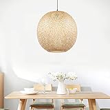 Arturesthome Bamboo Pendant Lights, Round Wicker Chandelier, Hand-Woven Boho Basket Lampshade Hanging Ceiling Light for Kitchen Island Living Room