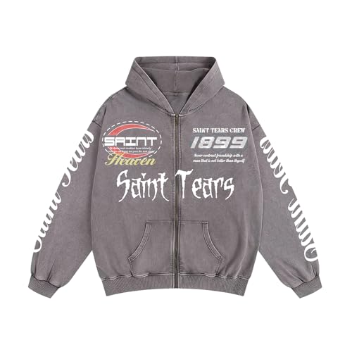 Arnodefrance Men Vintage Washed Graphic Zip Up Hoodies Printing Graffiti Hoodie Cotton Warm Pullover Coat Outerwear