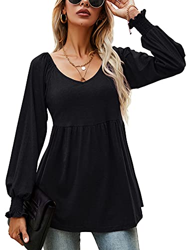 LOMON Black Cold Shoulder Tops for Women Puff Sleeved V Neck Pleated Tunic Tee Shirts, M