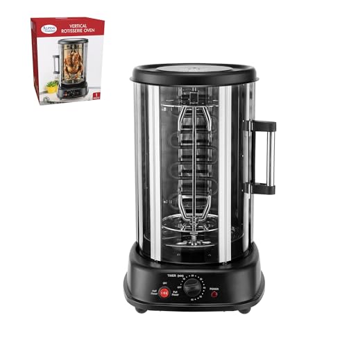 Alpine Cuisine Vertical Grill 21L 120V 60 Hz 1500W Black With Auto Shut Off Rotisserie Spit With End Forks & Kebab Skewers Set | Multifunctional Kitchen Appliance For Grilling Roasting & Baking