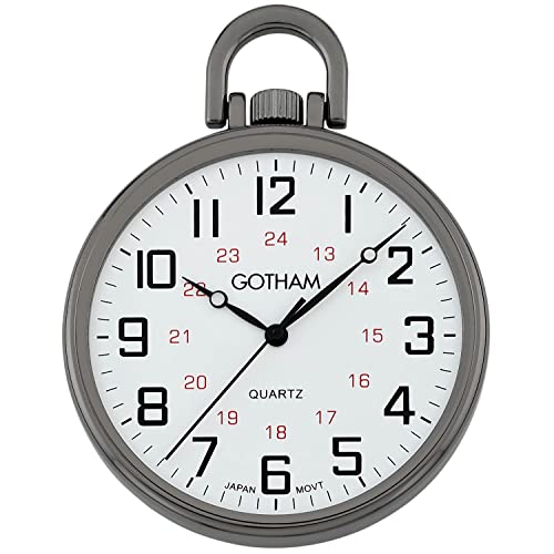 Gotham Men's Gunmetal Ultra Thin Railroad Open Face Quartz Pocket Watch # GWC15026B