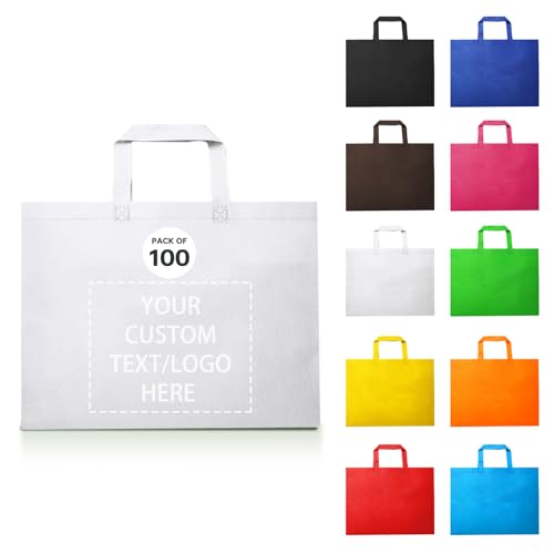 JEOHLORY 100Reusable Shopping Bags custom bags with logo - Ideal for Company Promotions, commercial advertising, grocery bags (One color printing, White)