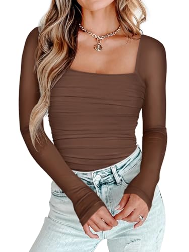 PINKMSTYLE Women's Square Neck Mesh Long Sleeve Bodysuit Going Out Tops Sheer Sexy Club Outfits Party Shirts Coffee XX-Large