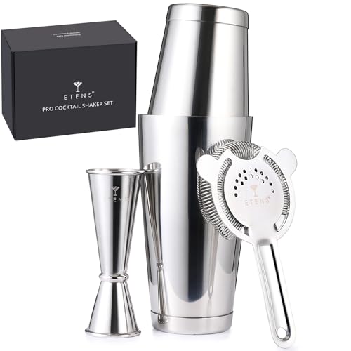 Etens Professional Boston Shaker Set – Weighted Boston Cocktail Shaker Set: 18 & 28oz Bar Shaking Tins, Hawthorne Drink Strainer, Easy Read Japanese Jigger - Stainless Steel Bartending Kit